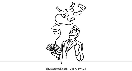 Male businessman rejoices at banknotes falling on him drawn in one line.