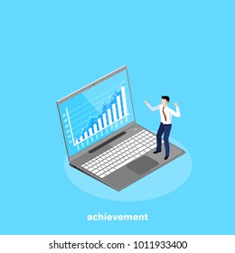 male businessman rejoices at his achievements in the form of a rising graph on the monitor, an isometric image