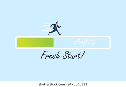 Male businessman running on the loading bar. New startup concept. Heading towards the goal of success. Flat vector illustration