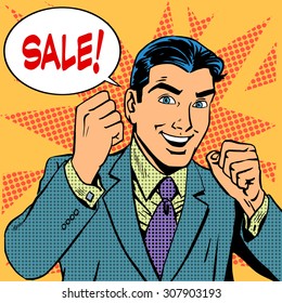 Male Businessman Sale Sales Discount Store Shopping. Retro Style Pop Art