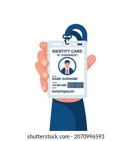 Male businessman show identification card in hand. With permit. ID Card icon. Vector illustration, flat design style. Personal identification. Access control. Sign id card. Personal document in hand.