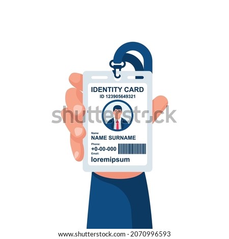 Male businessman show identification card in hand. With permit. ID Card icon. Vector illustration, flat design style. Personal identification. Access control. Sign id card. Personal document in hand.