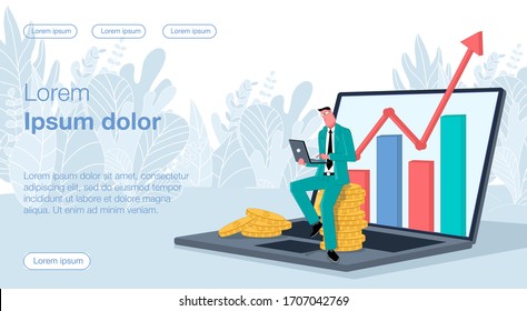 male businessman sitting on coins on a big laptop holding a laptop in his hands. a growing up chart is coming out of a large laptop. Vector illustration depicting success and earning online 