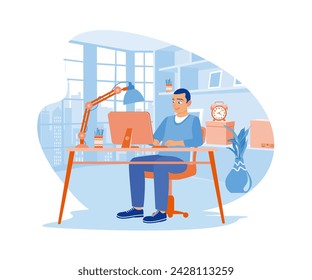  A male businessman is sitting while working in front of a computer. Focus on working with computers. A team of people is sitting at desks with laptops. flat vector modern illustration 