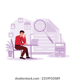 Male businessman sitting and working using a laptop, filling income tax online return form. Concept of tax and VAT. Trend Modern vector flat illustration.