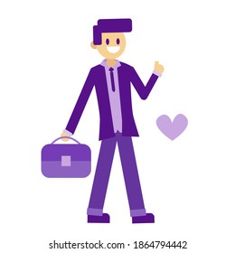 Male businessman standing with suitcase in hands and smiling. Portrait of young office worker. Concept of office, business or employee. Flat vector illustration in Eps 10 isolated on white background.