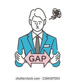 Male Businessman Struggling With The Gap Between Ideal And Reality At Work [Vector Illustration].