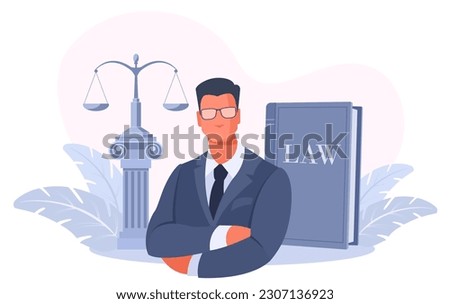 Male businessman in a suit, lawyer, advocate, notary, manager. Scales and book of law. The concept of a lawyer's services, legal protection in court.