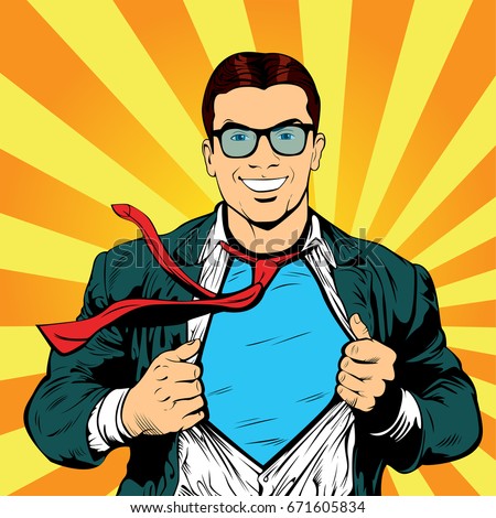 Male businessman superhero pop art retro vector illustration. Strong Businessman in glasses in comic style. Success concept. A grown man in a business suit. 
