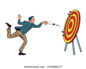 male businessman target dart target accuracy competition, sports fun and recreation. Pop art retro vector illustration comic caricature 50s 60s style vintage kitsch