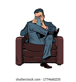 A male businessman uses a smartphone. Pop art retro vector illustration kitsch vintage 50s 60s style