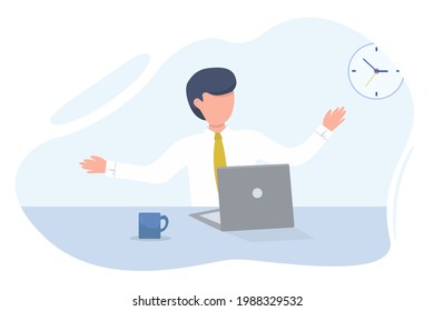 Male businessman working in the office at the computer. Business and finance. Vector illustration