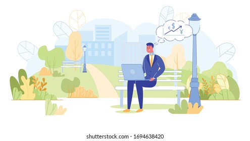Male Businessman Working on Bench in Lovely Park. Young Entrepreneur Thinking about How to Increase Company Income. He Happily Develops Project in Laptop Outdoors. In Background High City Buildings.