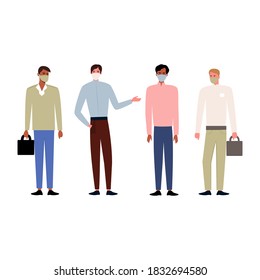 Male businessmen students in masks. business meeting during quarantine. Cartoon vector in flat style. Protective face mask for men. Safety. A group of young men in modern clothes. education 