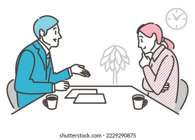 Male businessperson explaining, guiding, or introducing something to a young woman [Vector illustration].