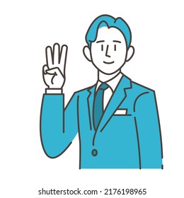 Male Businessperson Holding Up Three Fingers And Smiling [Vector Illustration].