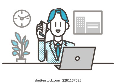 Male businessperson on the phone in front of laptop in office [Vector illustration].
