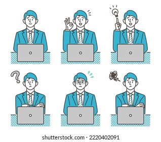 Male businessperson sitting in front of a laptop computer, negative and positive facial expression [Vector illustration set].