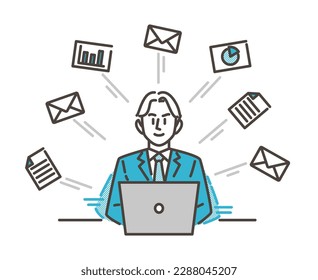 Male businessperson using a computer to streamline office work [Vector illustration].