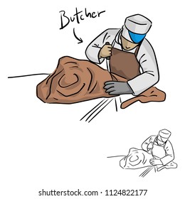male butcher chopping meat vector illustration sketch doodle hand drawn with black lines isolated on white background