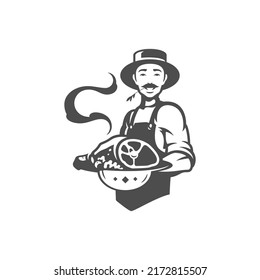 Male butcher with fresh cooked hot meat piece organic farm market food production vintage icon vector illustration. Agricultural man countryside ecology beef pork bacon barbecue restaurant isolated