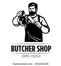 male butcher holds meat bacon in his hand. vector illustration isolated on white background