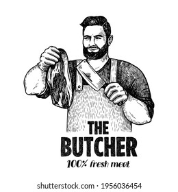 male butcher holds meat bacon in his hand. vector illustration isolated on white background