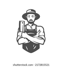 Male butcher posing with kitchen axe agriculture farm ecology meat production monochrome vintage icon vector illustration. Butchery shop farmer market organic food livestock countryside industry