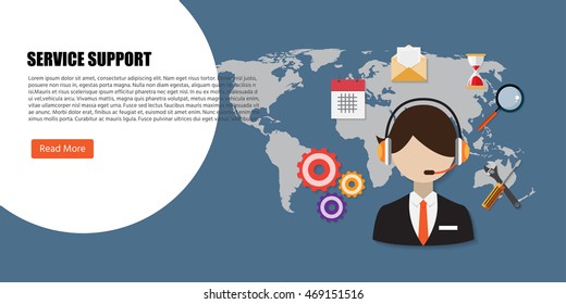 Male call center avatar icons with a faceless man wearing headsets with Gear Calendar electronic mail magnifier and screw driver  conceptual of client services support and communication