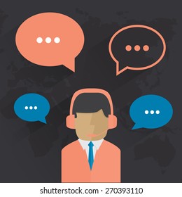 Male call center avatar. Man wearing headsets with colorful speech bubbles conceptual of client services and communication