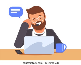 Male call center character in the office making support call with a customer