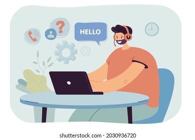 Male call center operator in headset working on laptop. Man in headphones at table flat vector illustration. Customer service or support, communication concept for website design or landing page