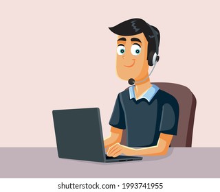 Male Call Center Operator Working on a Laptop. Businessman having a video conference wearing headset working remote 
