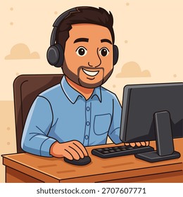 Male call center operator working with headset illustration