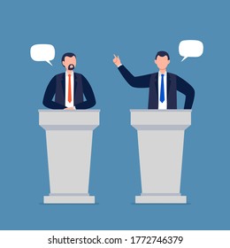 Male candidates taking part in a debate. Pair of government workers talking to each other, discussing problems, or having a dispute. Flat vector illustration.