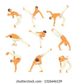 Male Capoeira Dancer Character Showing His Skills Set, Brazilian National Martial Art Vector Illustration