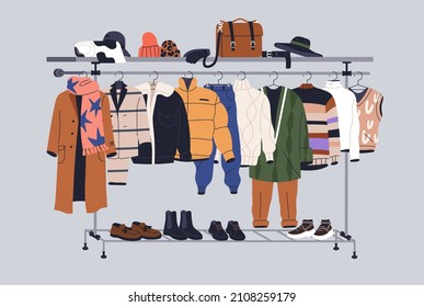 Male capsule wardrobe on racks. Men fashion clothes and accessories on hanger rail. Fall, winter garments, footwear and bags. Modern casual apparel collection. Colored flat vector illustration - Shutterstock ID 2108259179