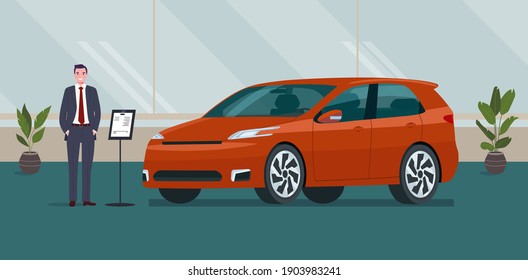 A male car dealer sells an car in a car dealership. Vector illustration.