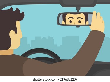 Male car driver adjusting rear view mirror in a car. Close-up back view of a driver checking rear mirror. Flat vector illustration template. svg