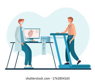 Male Cardiologist In Uniform And Mask Watching Man Walking On Treadmill During Stress Test For Heart In Office Of Modern Hospital