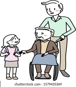 Male caregiver pushing elderly man in wheelchair. Grandfather in wheelchair smiling and talking to little granddaughter. Elderly care concept with caregiver taking care of happy elderly in wheelchair.