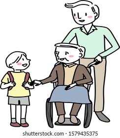 Male caregiver pushing elderly man in wheelchair. Grandfather in wheelchair smiling and talking to little grandson. Elderly care concept with caregiver taking care of happy elderly in wheelchair.