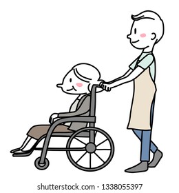 Male caregiver pushing elderly woman in wheelchair. Senior woman in wheelchair with caregiver. Elderly care service concept with happy male caregiver taking care of happy elderly woman in wheelchair.