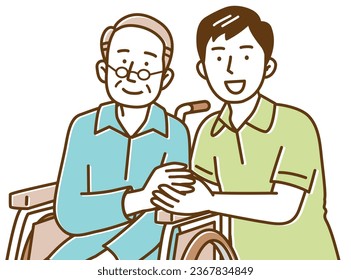 A male caregiver and a senior man in a wheelchair holding hands