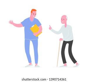 Male caregiver wearing uniform welcoming an elderly man with walking stick. Vector illustration.