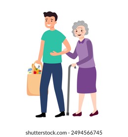 Male caretaker and elderly woman doing shopping. Volunteer with senior person helping to buy groceries. Social worker helping grandma. Nursing retirement home services.