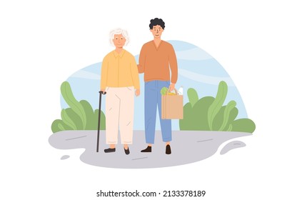 Male caretaker and elderly woman outdoors. Volunteer helping grandma. Scene of social worker with senior person helping to do grocery shopping. Nursing or retirement home services. Vector illustration