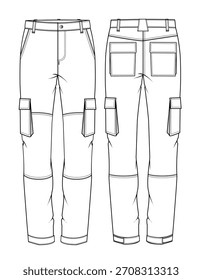 Male cargo pant technical flat sketch vector mockup illustration.