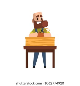 Male carpenter character working with carpentry instrument, craft hobby or profession vector Illustration on a white background