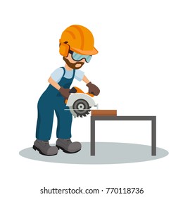 Male carpenter cutting a wooden plank with circular saw with industrial safety equipment. Industrial saw design. Vector illustration